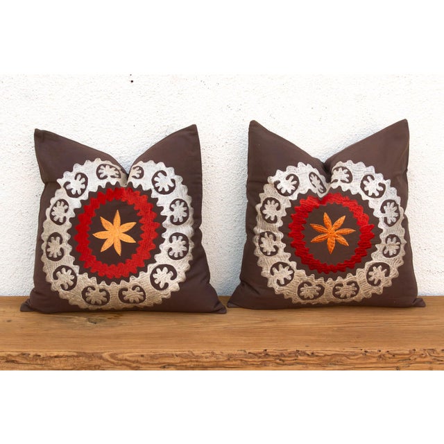 Pair of 18" Orange Flower Suzani Pillow Covers For Sale In Los Angeles - Image 6 of 9