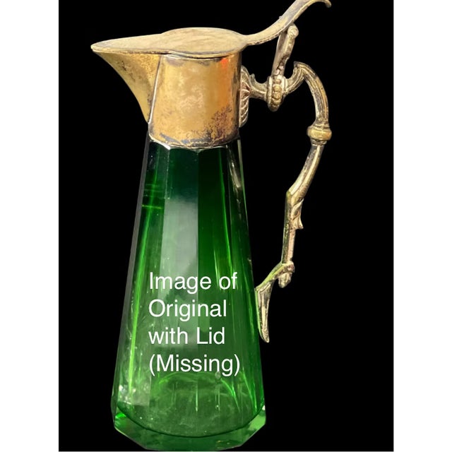 Kelly Green Antique Beveled Decanter | Prism Glass & Brass (Missing Top) For Sale - Image 8 of 8