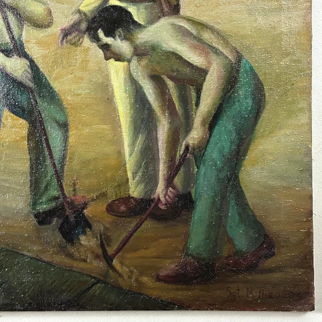 1940s Antique 1940s Ww2 Outsider Art Portrait of Workers in the 21st Engineer Battalion, Signed (Oil on Canvas) For Sale - Image 5 of 12