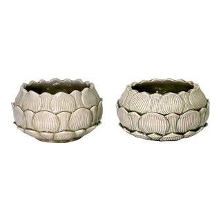 Vintage Asian Crackle Glaze Green Celadon Planters Lotus Flower Design, a Pair (8.75") For Sale