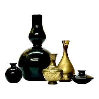 Black Ceramic Glass and Brass Vase Curation - Group of 5 For Sale