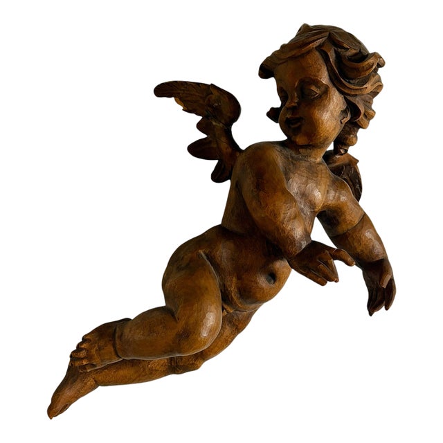 Antique Italian Carved Wood Putti Angel For Sale