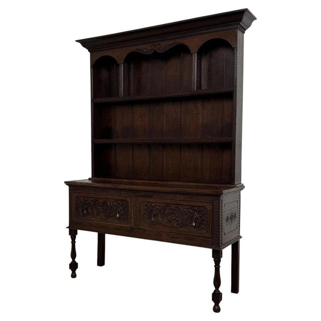 Antique 19th Century English Oak Dresser with Carved Decoration For Sale - Image 3 of 12