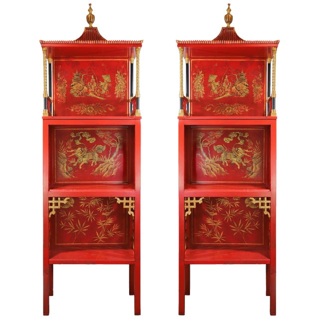 Pair of Vintage Louis XVI Style Chinoiserie Red Lacquer Display Cabinets For Sale - Image 17 of 17