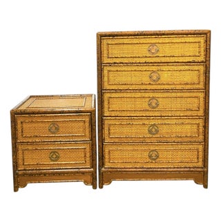 British Colonial Tortoiseshell Bamboo Chest & Nightstand, China Export, C. 1970s For Sale