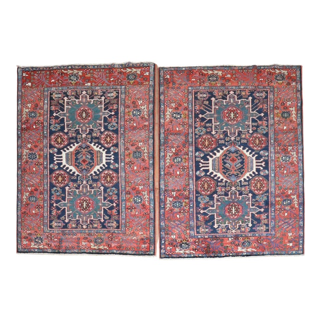 Antique Zabihi Collection Navy Heriz Accent Rugs - A Pair - 4'10" x 6'1" For Sale