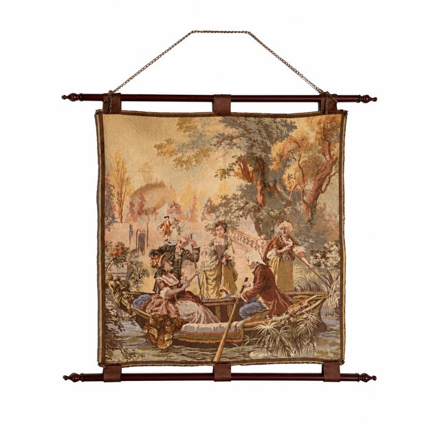 A romantic French pastoral scene brings color and movement to this vintage wall tapestry. Elegantly dressed figures gather...