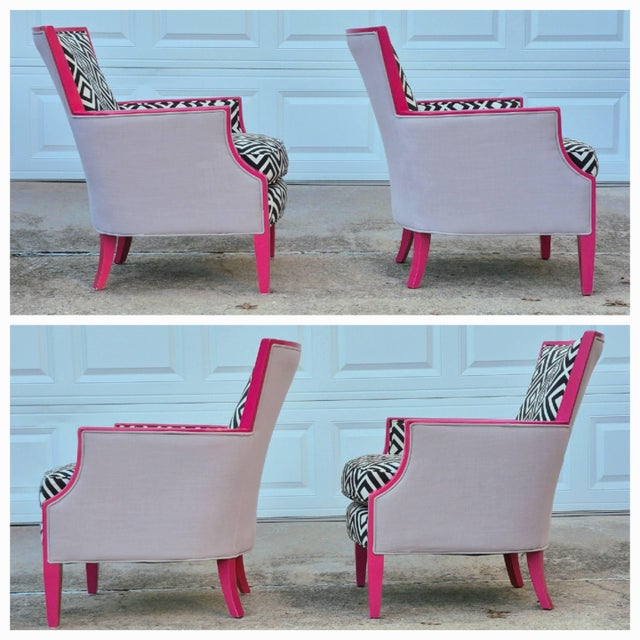 Pink Sam Moore Hooker Furniture Fuschia Black & White “Nadia” Exposed Wood Bergere Lounge Chairs, a Pair For Sale - Image 8 of 12