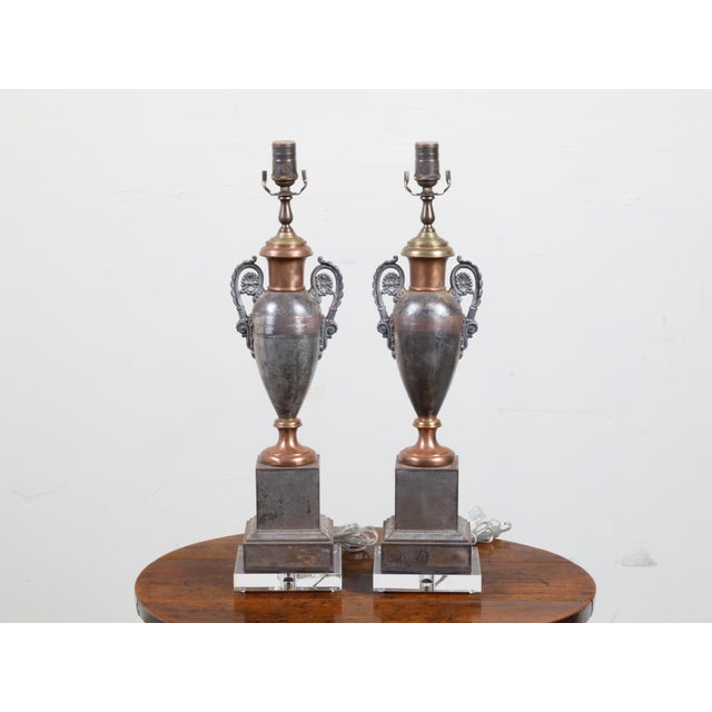 19th Century 19th Century English Tôle Amphorae Shaped Table Lamps on Lucite Bases - a Pair For Sale - Image 5 of 12