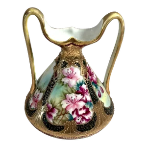1910s Hand-Painted Nippon Gilt Enamel Double Whiplash Handle Vase