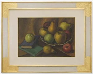 Still Life with Books and Pears, Oil Painting, Mid-20th Century
