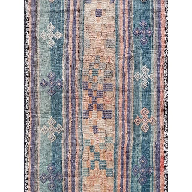 Mid 20th Century Stripe Design Turkish Vintage Flat-Weave Rug in Light Green Purple and Peach For Sale - Image 4 of 10