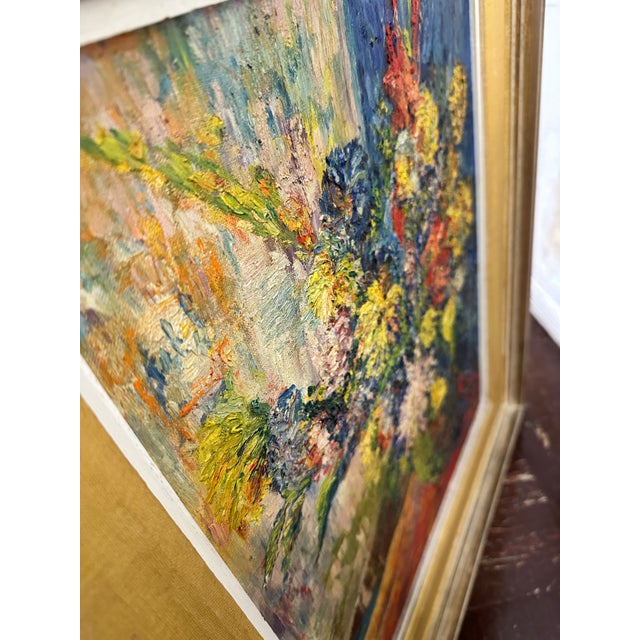 Blue Vintage Still Life of Flowers 1960s Mid Century Impressionist Art Professionally Framed Oil Painting 27.5” X 23” Signed Bert 1964 For Sale - Image 8 of 10