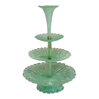Bohemian Green Overshot Glass Epergne – Three Tiered Tidbit Tray, Victorian For Sale