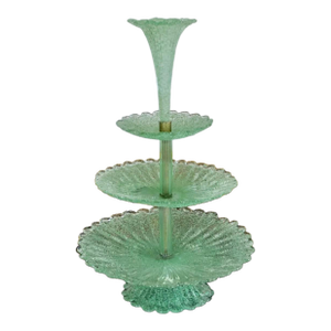 Bohemian Green Overshot Glass Epergne – Three Tiered Tidbit Tray, Victorian