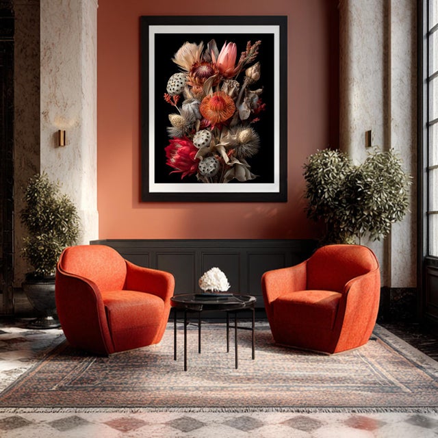 An opulent botanical assemblage of dried protea, seed pods, and textured florals, sculpted against black. Warm reds,...
