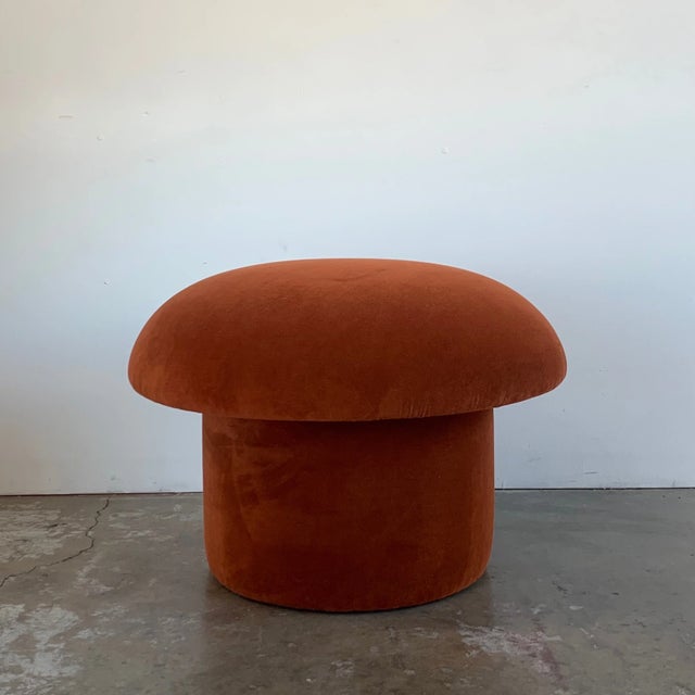 W24 D24 H18 Top W25 H6.5 Base W15.5 H11.25 Mushroom ottoman made for a staging project. Plush top with a wood interior and...