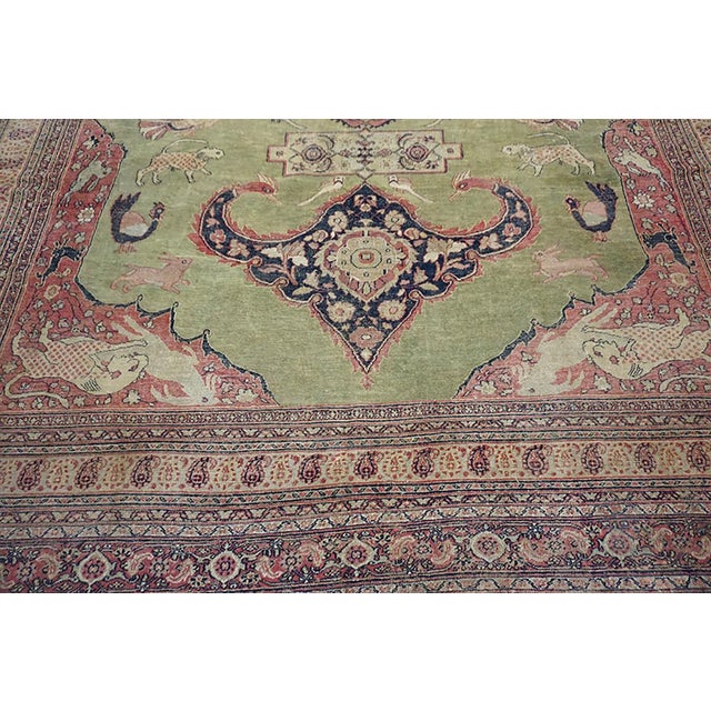 Late 19th Century 1880s Green Pistacho Animal Scene Antique n.e. Persian Khorassan Moud Rug 9'9" X 12'2" Handknotted Wool Carpet For Sale - Image 5 of 9