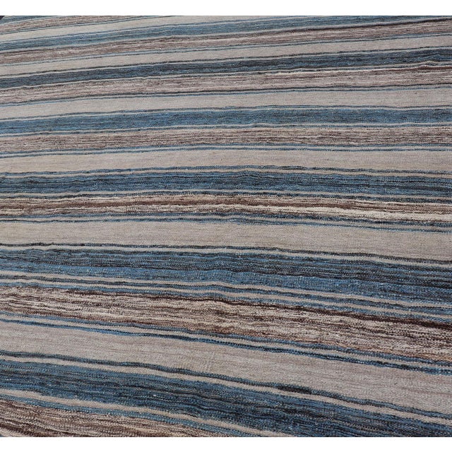 Versatile Striped Design and Natural Brown, Cream, and Blue Flat-Weave Kilim 7'9 X 11'10 For Sale In Atlanta - Image 6 of 15