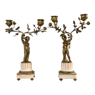 19th Century French Candelabra Bronze and Alabaster, Pair For Sale