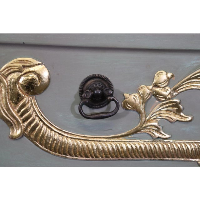 Robin's Egg Blue and Gilded French Louis XVI Style Distressed Commodes - A Pair For Sale - Image 11 of 12