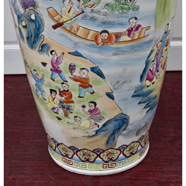 Ceramic Vtg. Large Size Chinese Floor Vase W/Painted Children Playing "100 Children" For Sale - Image 7 of 17