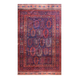 1870s Blue Navy Geometric Tribal Antique Afghanistan Baluch Teimouri Main Rug 7'6" X 12'4" Wool Carpet For Sale