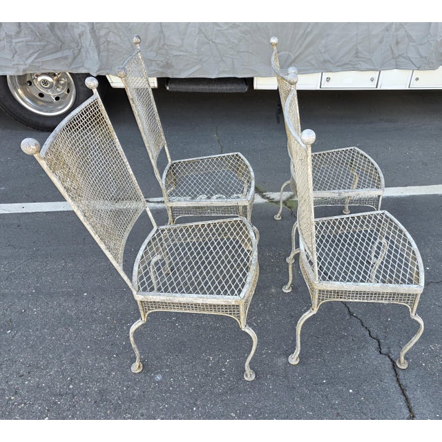 Russell Woodard Vintage Rare 1960's Russell Woodard Attributed Mesh Wrought Iron Patio Glass Table and 4 Chairs For Sale - Image 4 of 18