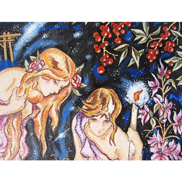The painting depicts two ethereal figures, draped in flowing garments, surrounded by a lush tapestry of flora and fauna....
