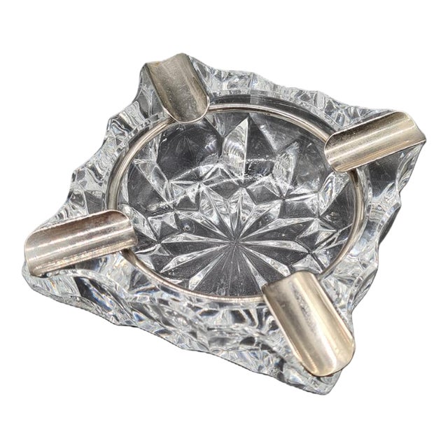 Vintage Crystal Ashtray with Metal Rim, 1960s For Sale
