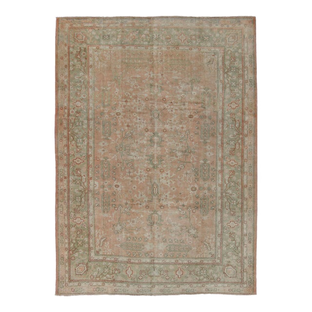 Classic All Over Design Antique Oushak Rug in Light Coral and Light Green For Sale