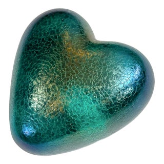 20th Century Robert Held Iridescent Teal Hand Blown Glass Heart Sculpture For Sale