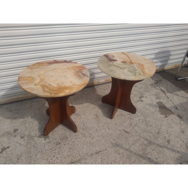 Wood Late 20th Century Pair of Pedestal Base End Tables With Onyx Tops For Sale - Image 7 of 7