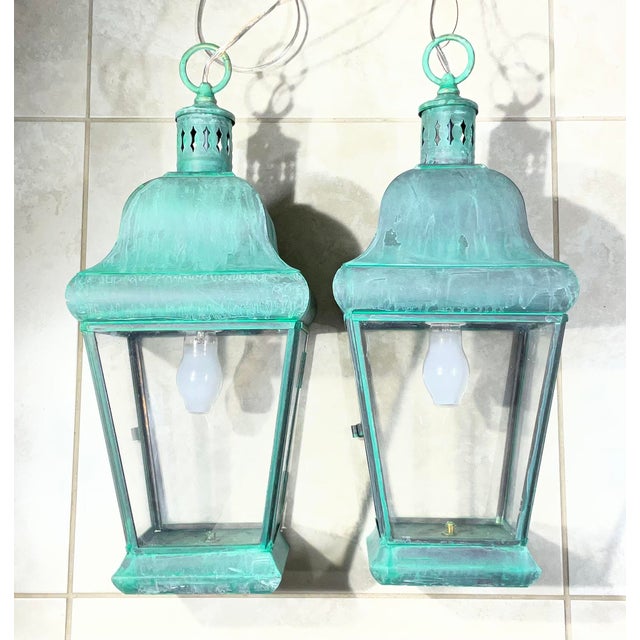Turquoise Pair of Vintage Solid Brass Hanging Lanterns. 20”.5 H X 8”.5w X 8”.5 W For Sale - Image 8 of 17