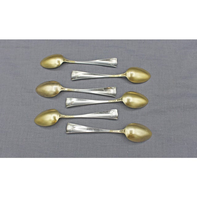 Circa 1900 set of 6 demitasse spoons by Shiebler, New York City. High Art Nouveau style; chrysanthemum pattern. Sterling &...