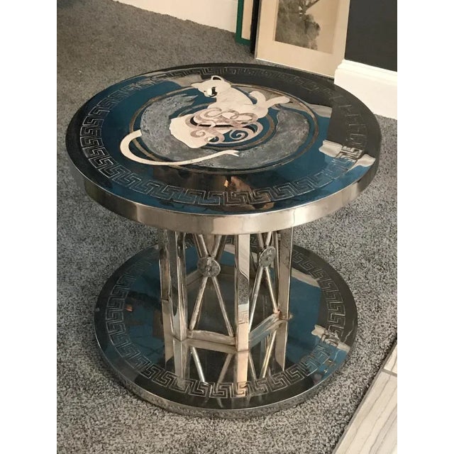 Nickeled Bronze Greek Key Design Inlaid Stone Modern Tables - a Pair For Sale In Philadelphia - Image 6 of 13