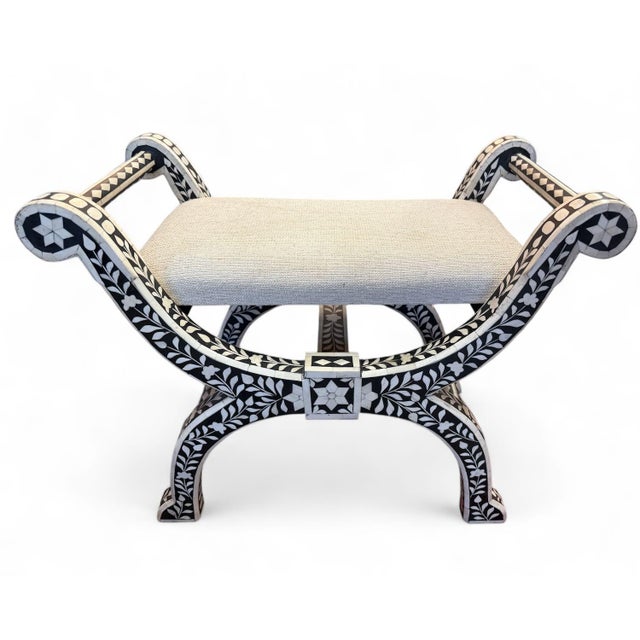 Indian Arhaus Inlaid Bone Bench Seat, Vanity Seat. Black and White For Sale - Image 3 of 7
