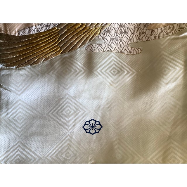 Mid Century Japanese Kimono Silk Boys Antique Hand Embroidery Navy Eagle Falcon Bird Kyoto Obi Sash Gold Foil For Sale - Image 14 of 16