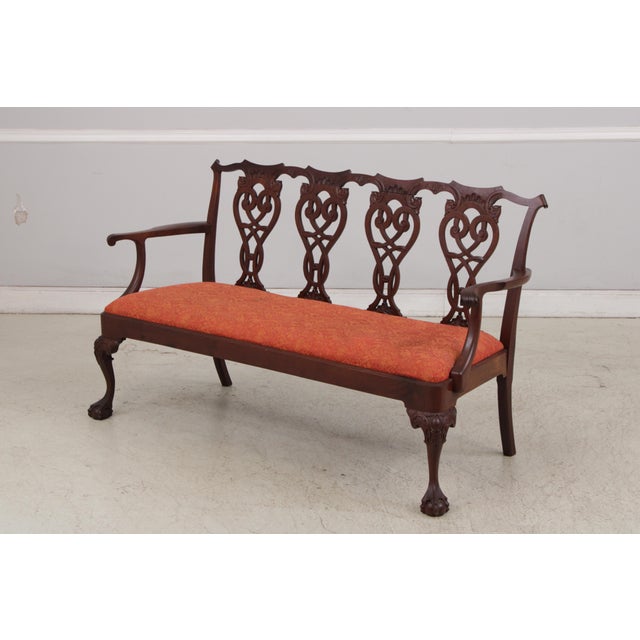 Chippendale Vintage Carved Mahogany Triple Back Settee Bench For Sale - Image 3 of 15
