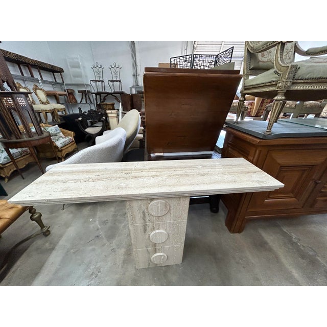 Pair of Italian Modern Travertine Console Tables For Sale - Image 11 of 12