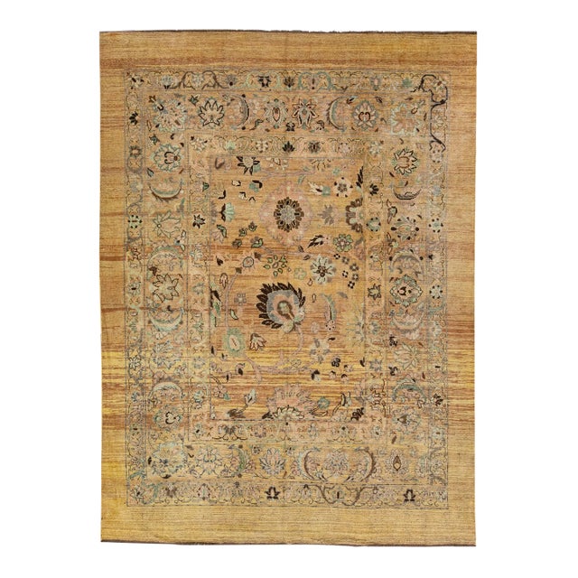 Mid-Century Transitional Style Handmade Allover Floral Tan Wool Rug For Sale