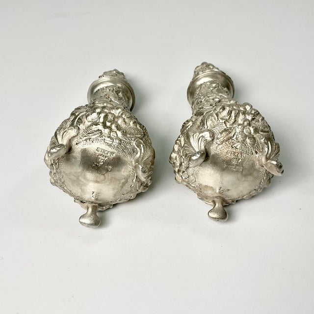 Vintage Hollywood Regency Chippendale Stieff Repousse Full Chased Sterling Footed Salt & Pepper Shakers - A Pair For Sale - Image 13 of 13