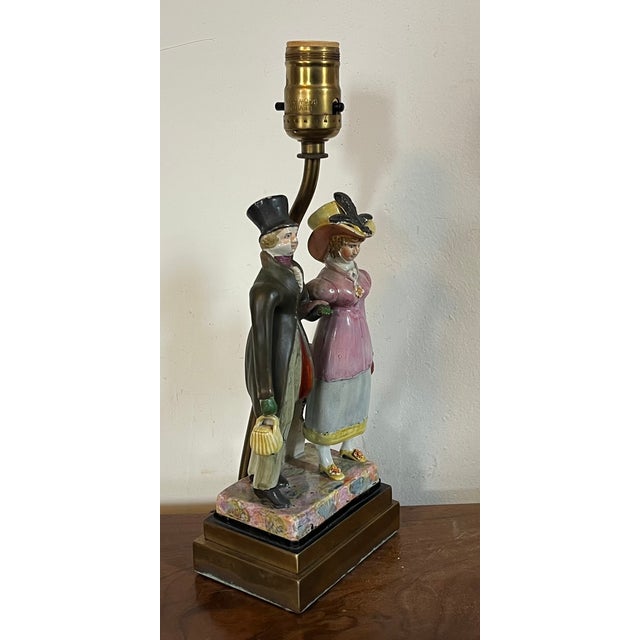 Antique Early 19th Century English Staffordshire Figure of a Regency Couple Mounted as a Table Lamp For Sale - Image 4 of 7