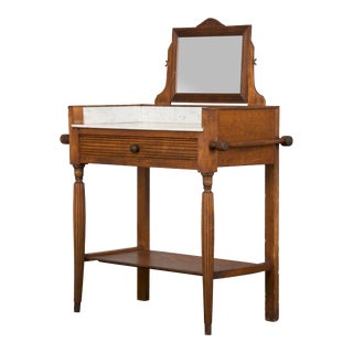 1920s French Art Deco Oak Wash Table or Vanity W/ White Marble Top For Sale
