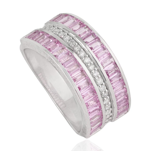 Contemporary Blush Horizon 3.16 Ct Pink Sapphire & Diamond Band Ring for Christmas Gift, Size 6.5 For Sale - Image 3 of 13