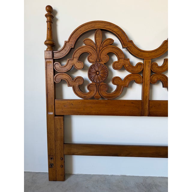 Vintage Thomasville Spanish Mediterranean Carved Wood Queen Headboard For Sale - Image 4 of 12