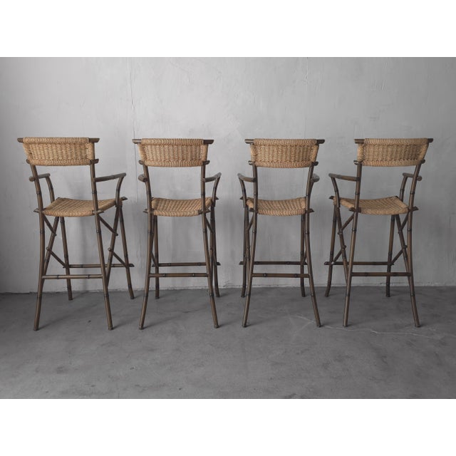 Minimalism Set of 4 Metal Faux Bamboo and Rope Bar Stools For Sale - Image 3 of 9