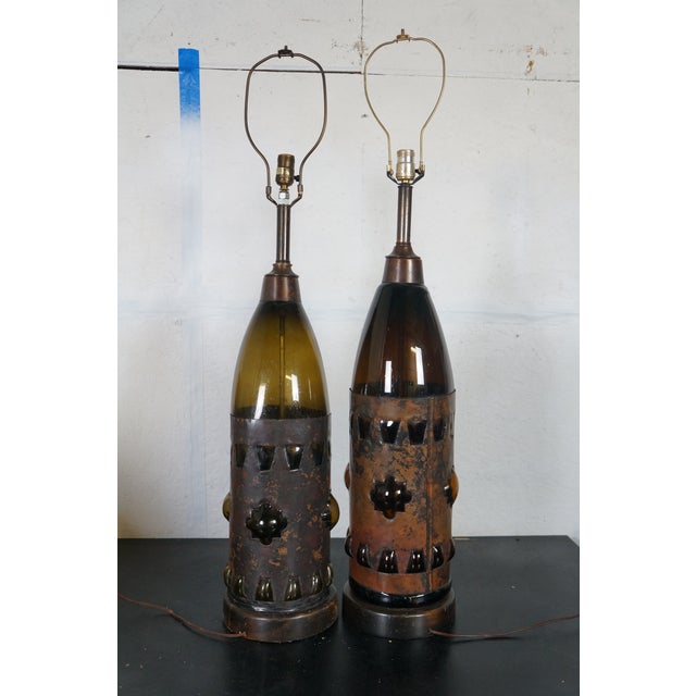 Late 20th Century Late 20th Century 2 Rare Frederick Cooper Hand Blown Brutalist Glass Wine Bottle Lamps 42" For Sale - Image 5 of 18