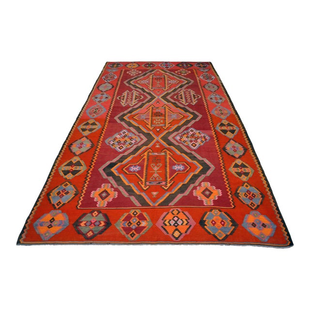 1980s Vintage Handmade Rug Organic Wool Turkish Kilim Oversize Area Rug - 6′8″ X 12′4″ For Sale