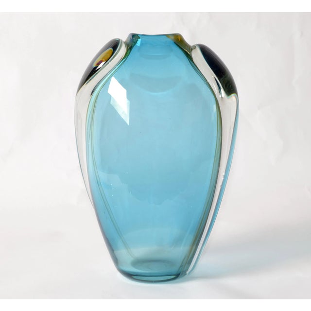 Vitrix Studio Blown Light Blue & Gold Art Glass Vase Thomas Buechner Op Art 80s For Sale - Image 13 of 13
